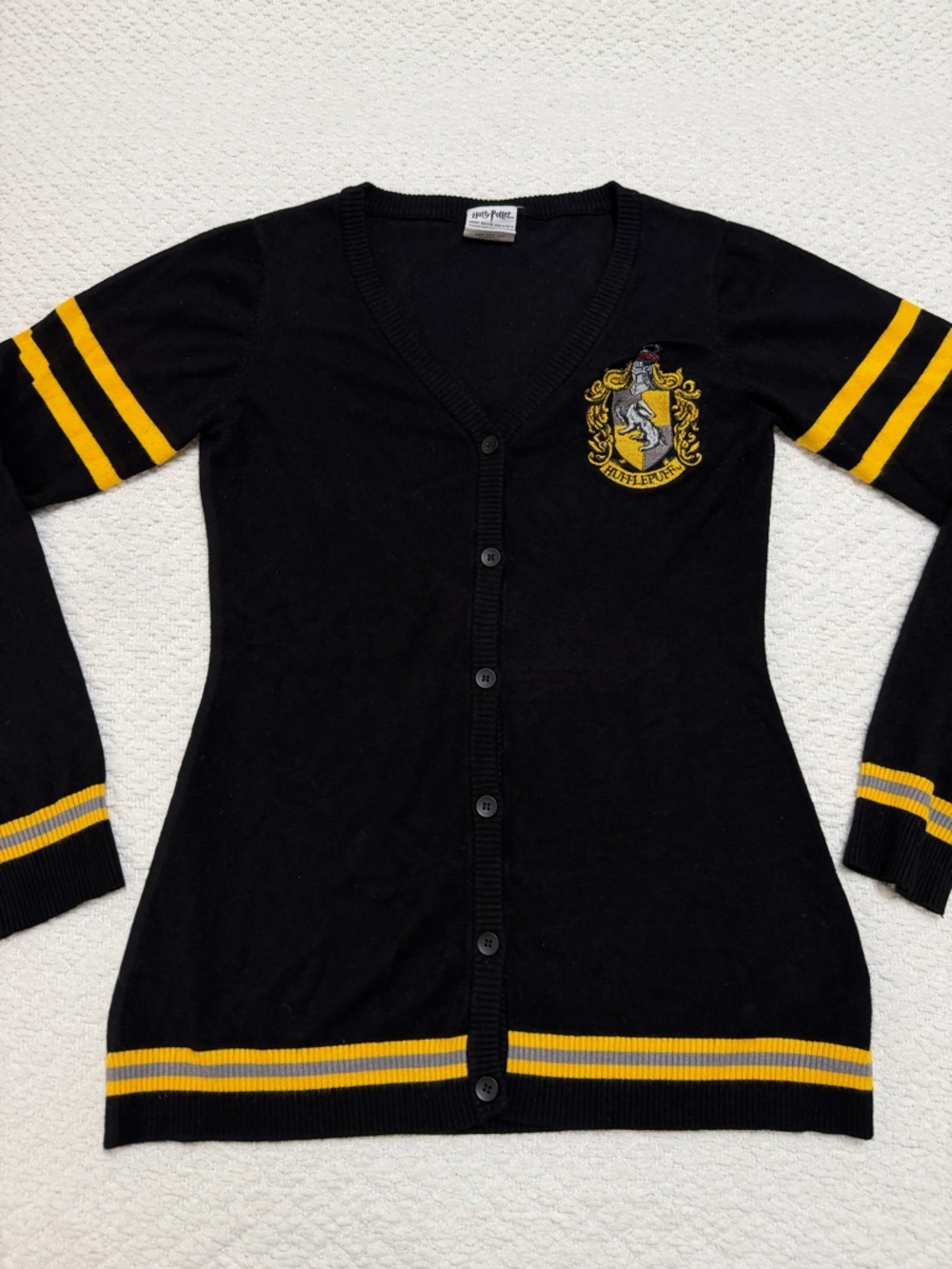 Harry Potter Hufflepuff V-Neck Button Cardigan Black Yellow Women’s Size Medium